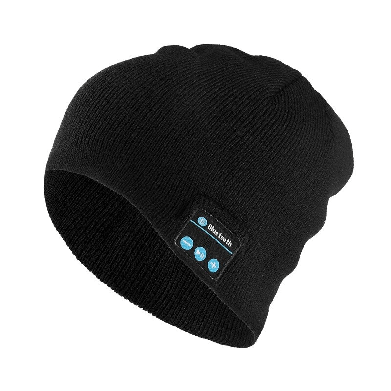 Black stylish sport beanie with built-in wireless headphones, featuring control buttons, perfect for music lovers in cold weather.